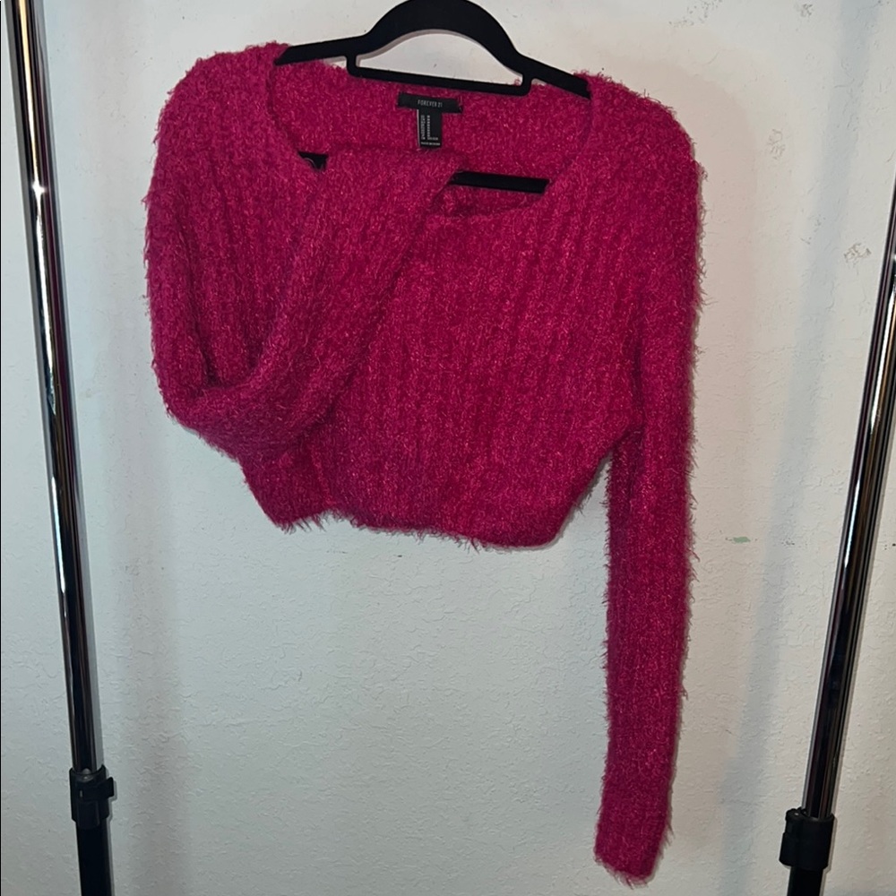 Deep Pink Crew Neck Sweater with Long Sleeves and Fuzzy Texture